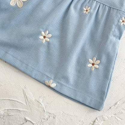 Baby Girl Daisy Embroidered Overall Dress | Toddler Blue Cotton Summer Jumper (6M-3T)
