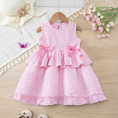 Toddler Girls Gingham Sleeveless Summer Dress – Pastoral Layered Ruffle Dress with Bows (2-7Y)