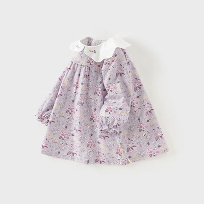 Girls Floral Embroidery 100% Cotton Long Sleeve Dress - Peter Pan Collar A-Line (Size 18M-9Y)