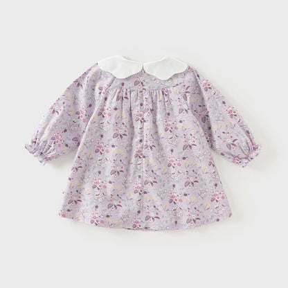 Girls Floral Embroidery 100% Cotton Long Sleeve Dress - Peter Pan Collar A-Line (Size 18M-9Y)