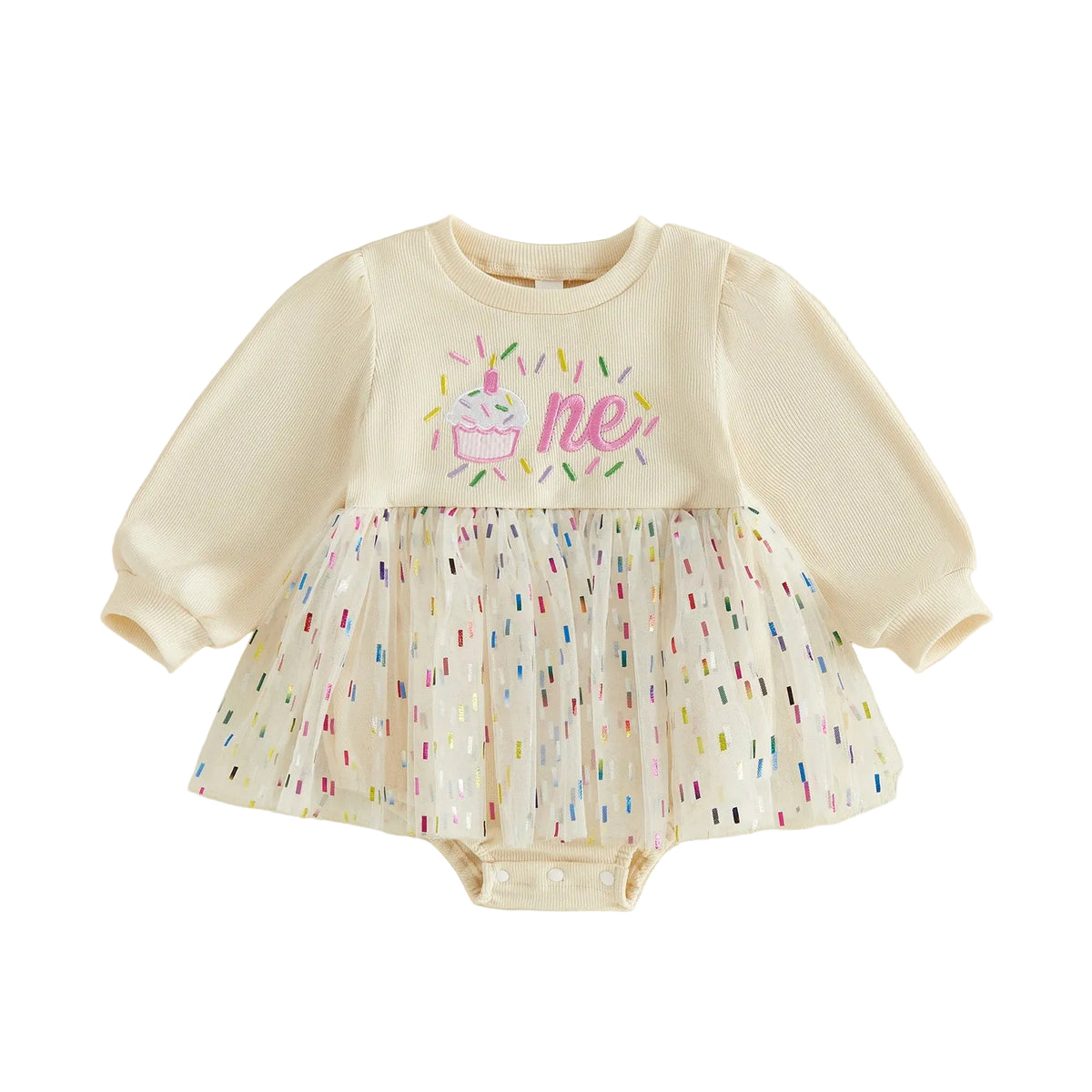 Baby Girl 1st Birthday Cupcake Embroidered Tutu Romper Dress - Long Sleeve Confetti Tulle Bodysuit (6-18M)