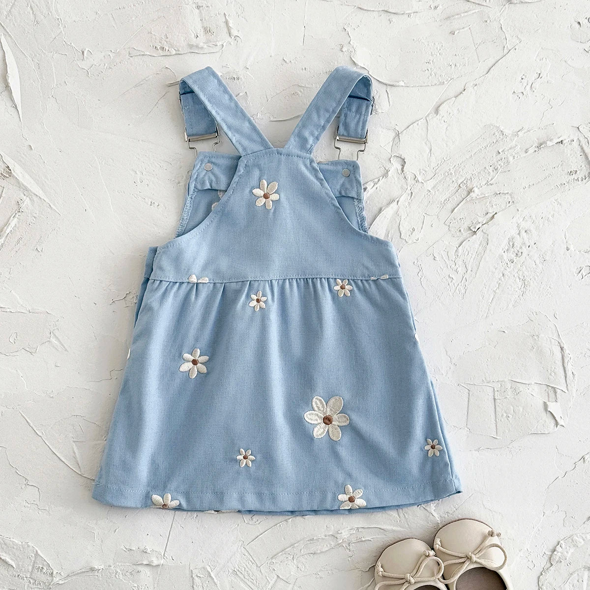 Baby Girl Daisy Embroidered Overall Dress | Toddler Blue Cotton Summer Jumper (6M-3T)