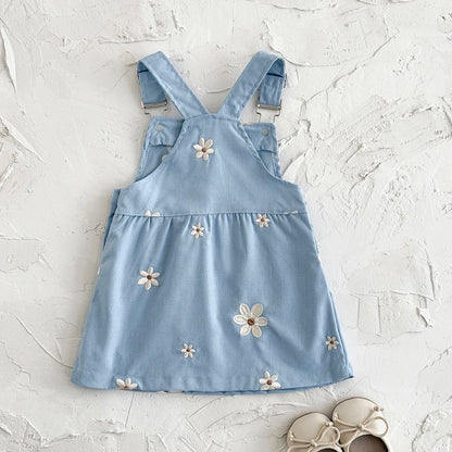 Baby Girl Daisy Embroidered Overall Dress | Toddler Blue Cotton Summer Jumper (6M-3T)