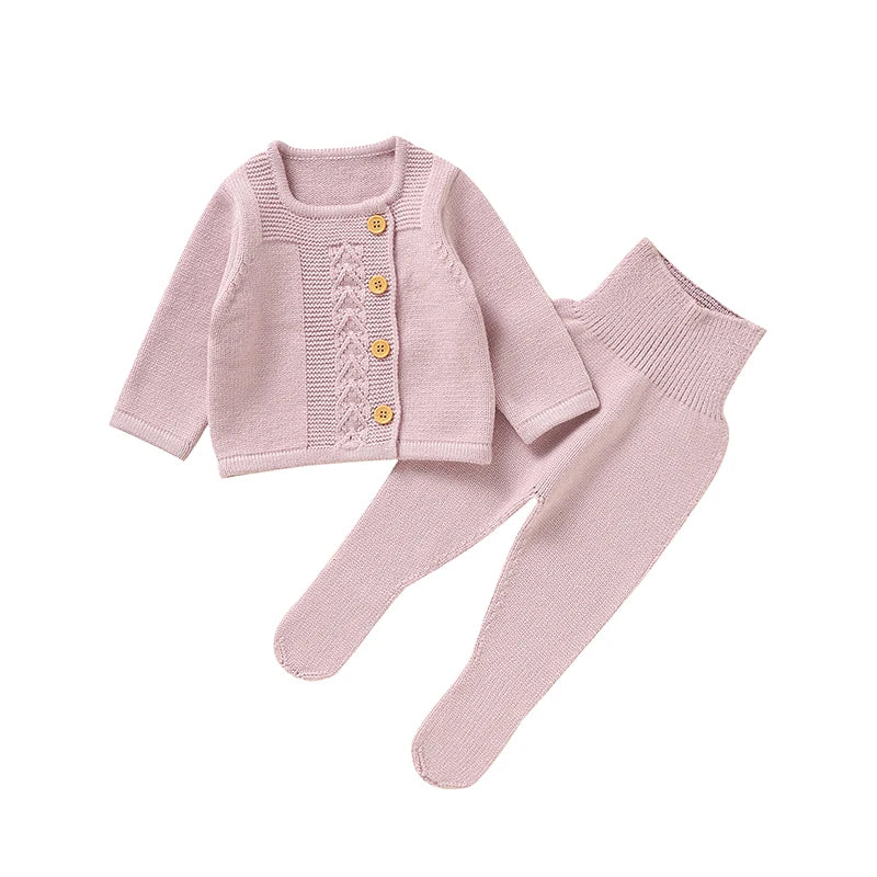 Baby Cable Knit 2-Piece Set – Asymmetric Cardigan & Footed Pants (0-9M)