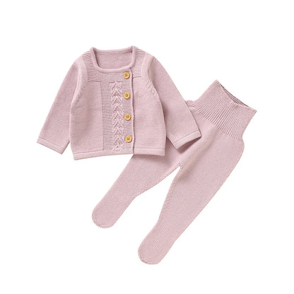 Baby Cable Knit 2-Piece Set – Asymmetric Cardigan & Footed Pants (0-9M)