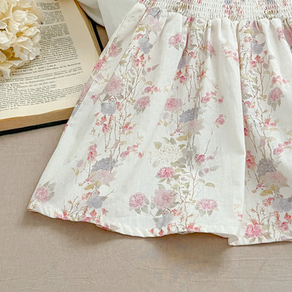 Pink Floral Smocked Sister Matching Outfits - Puff Sleeve Cotton Romper & Princess Dress (3M-6T)