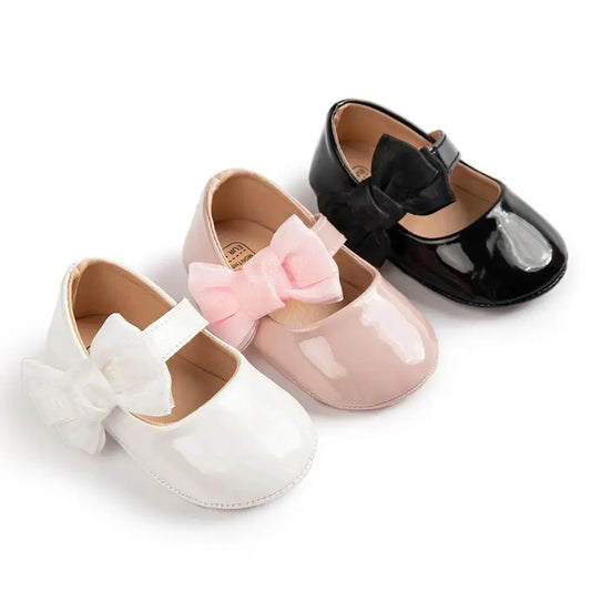 Baby Girl Mary Janes – PU Leather Bowknot First Walker Shoes, Non-Slip Rubber Sole Princess Wedding Flats (0-18M)