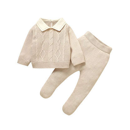 Newborn Infant Boy Winter Knit Clothes Set | Long Sleeve Collared Sweater & Footed Leggings (0-9M)