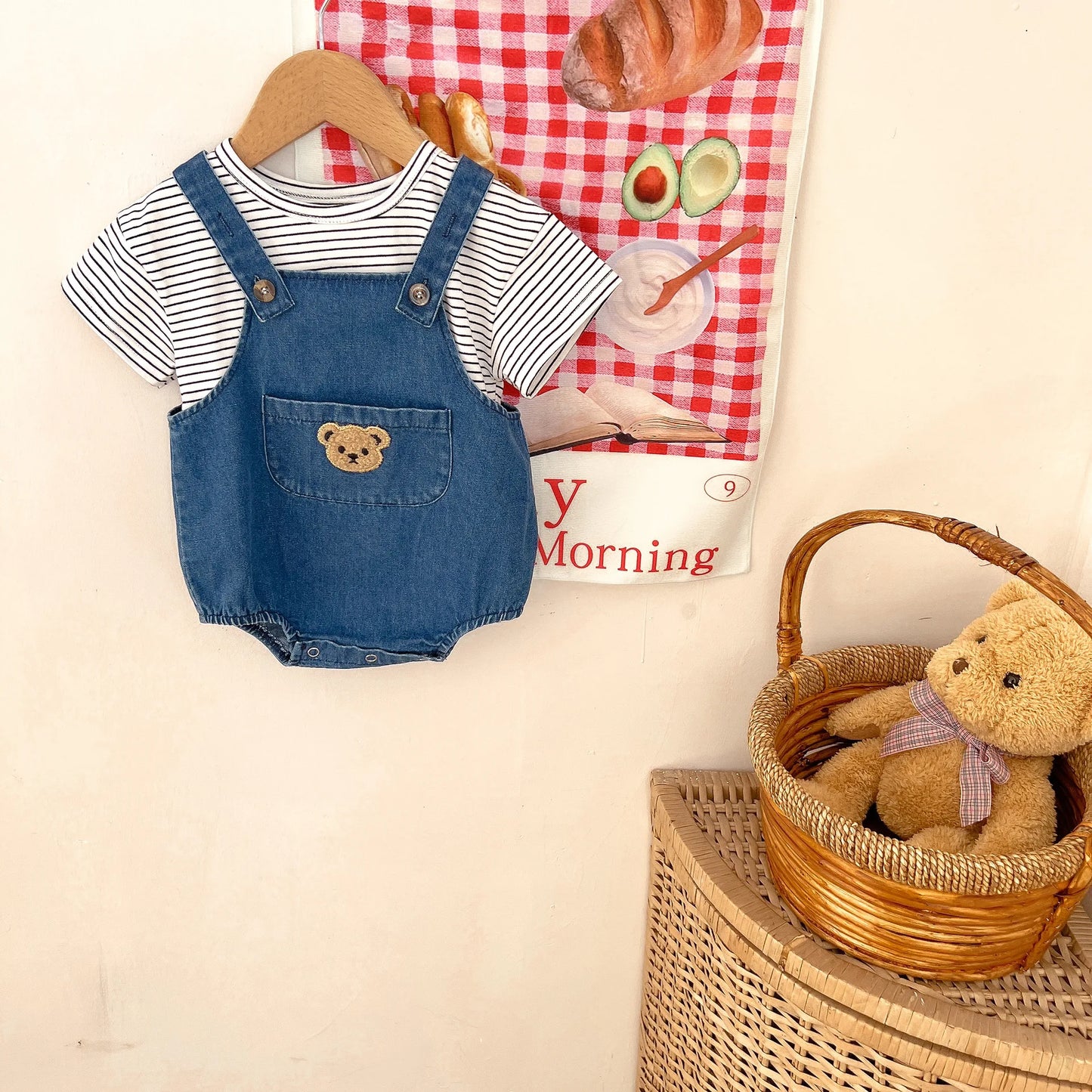 Unisex Baby Striped T-Shirt and Denim Bear Romper Set - 2pc Summer Toddler Outfit (3M-3T)