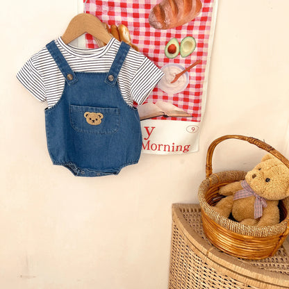 Unisex Baby Striped T-Shirt and Denim Bear Romper Set - 2pc Summer Toddler Outfit (3M-3T)