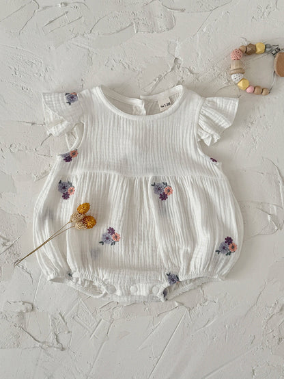 Summer Embroidered Floral Baby Romper - White Cotton Muslin Ruffle Sleeve Bodysuit (6-18M)