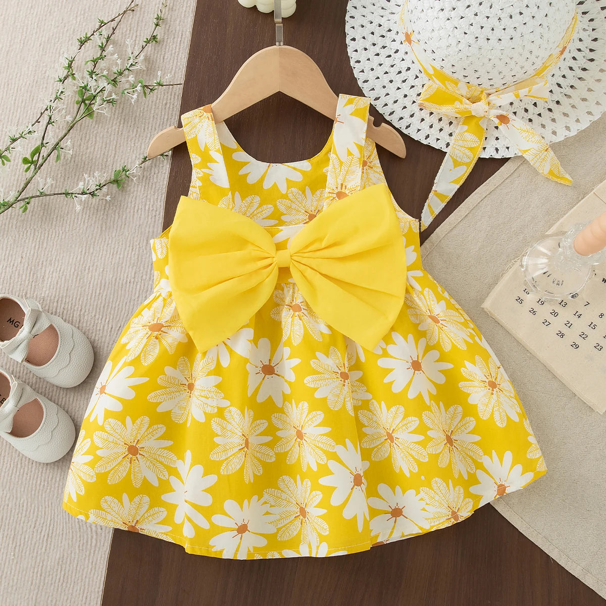 Toddler & Baby Girl Summer Daisy Print Beach Dress with Sun Hat & Bow Set (3M-3T)