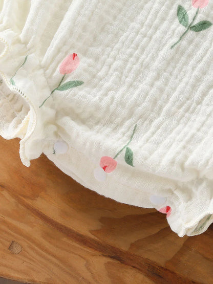 Baby Girl Muslin Cotton Romper & Sun Hat Set - Floral 2-Piece Summer Bodysuit (3-18M)