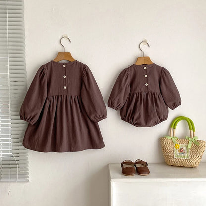 Toddler & Girls Brown Floral Embroidered Cotton Long Sleeve Dress (2T-6T)