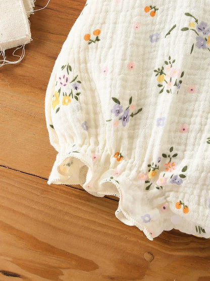 Baby Girl Muslin Cotton Romper & Sun Hat Set - Floral 2-Piece Summer Bodysuit (3-18M)