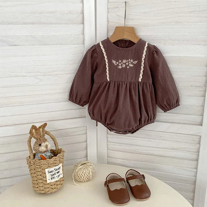 Toddler & Girls Brown Floral Embroidered Cotton Long Sleeve Dress (2T-6T)