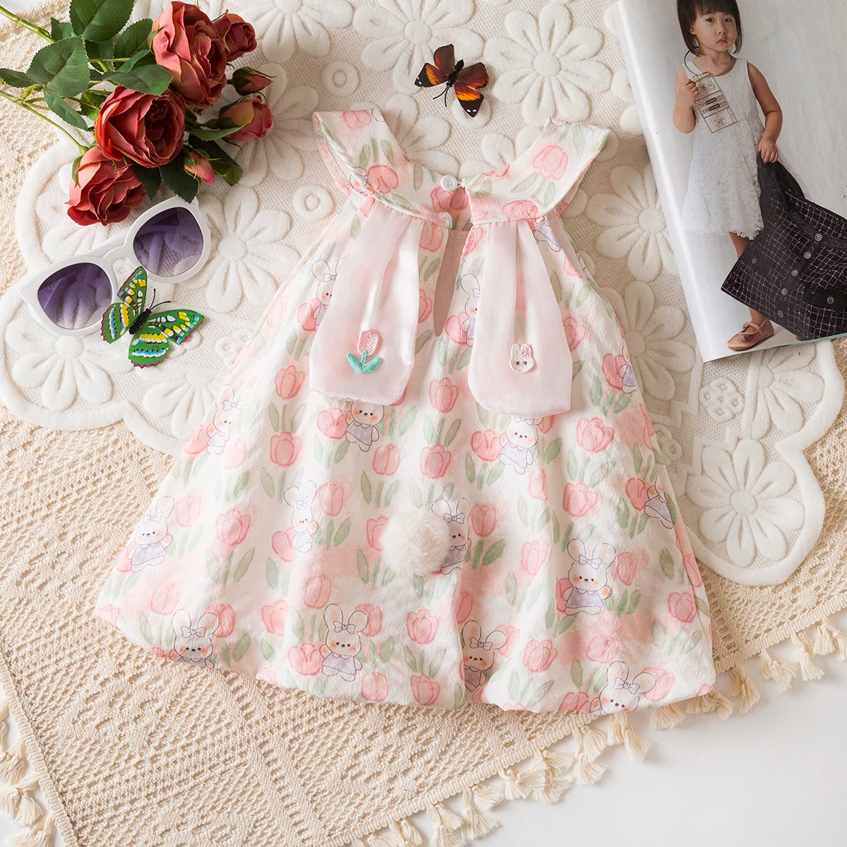Baby Girl Easter Dress with Bunny Ears & Tail - Cotton Tulip Print Summer Sun Dress (9M-3T)