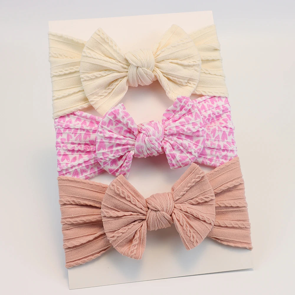 3-Pack Baby Nylon Headbands - Soft Cable Knit Stretchy Bows for Infants & Toddlers (0-3T)