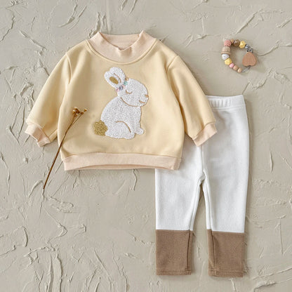 Toddler Girl Winter Bunny Fleece Outfit - 2pc Sherpa-Lined Sweatshirt & Joggers Set (6M-3T)