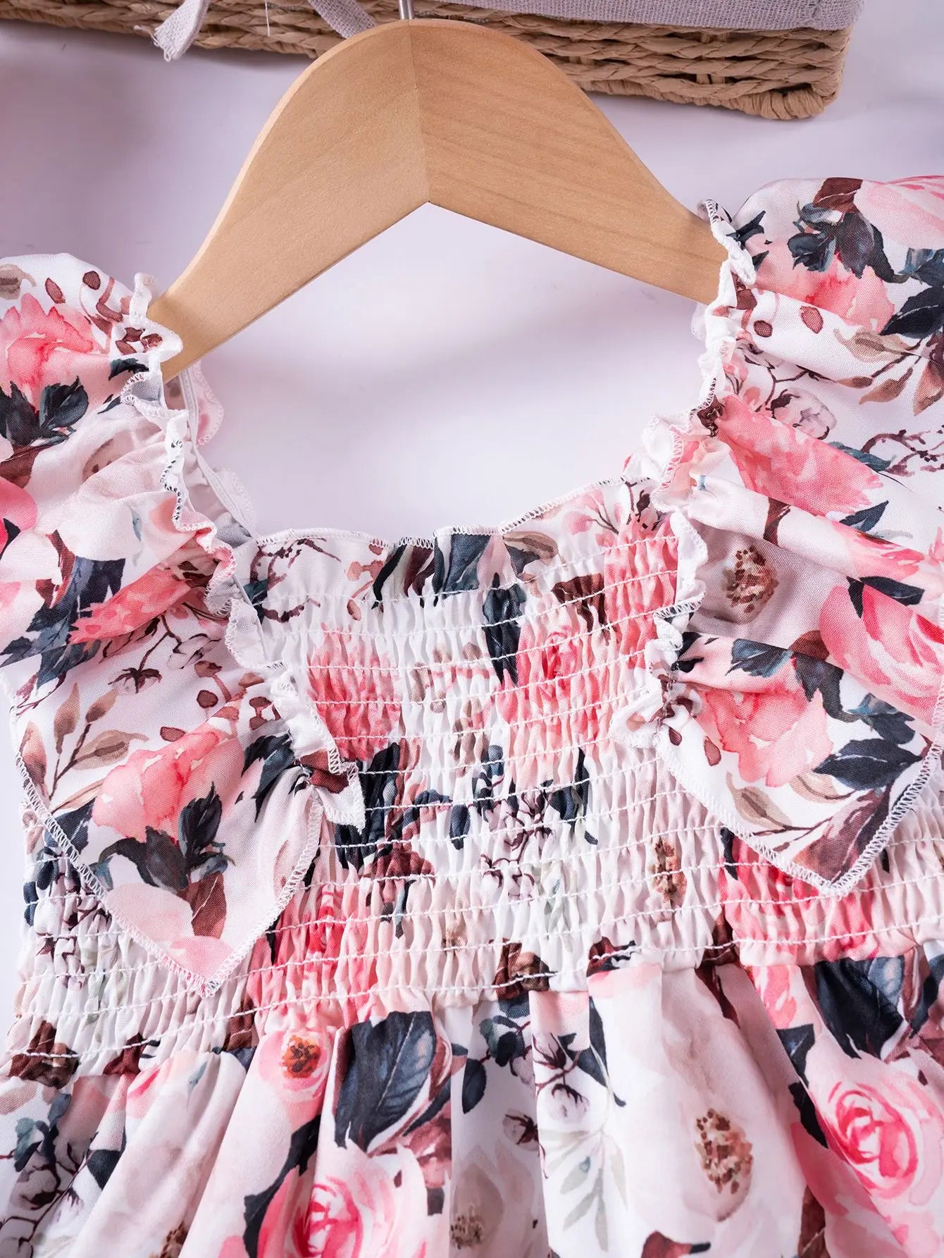 Girls Floral Summer Dress with Ruffled Sleeves & Smocked Waist (2T-6T)