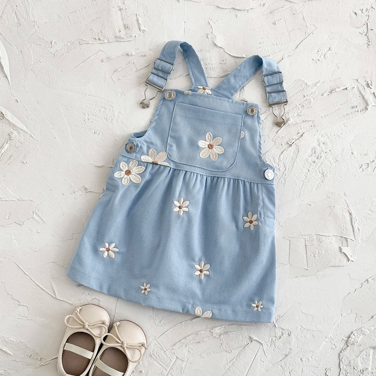 Baby Girl Daisy Embroidered Overall Dress | Toddler Blue Cotton Summer Jumper (6M-3T)