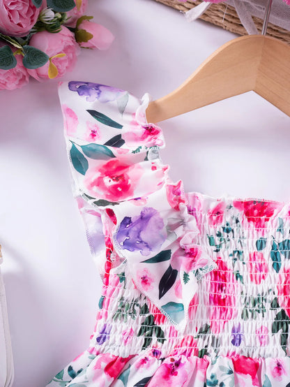 Girls Floral Summer Dress with Ruffled Sleeves & Smocked Waist (2T-6T)