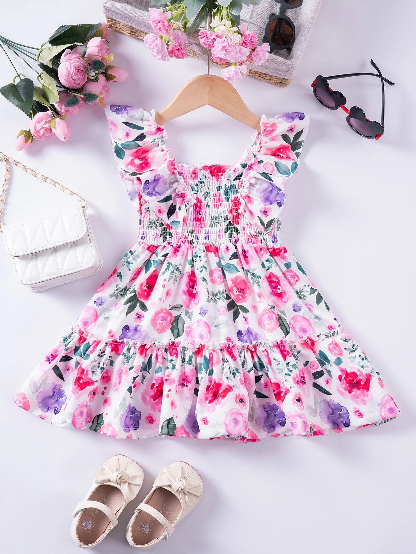 Girls Floral Summer Dress with Ruffled Sleeves & Smocked Waist (2T-6T)