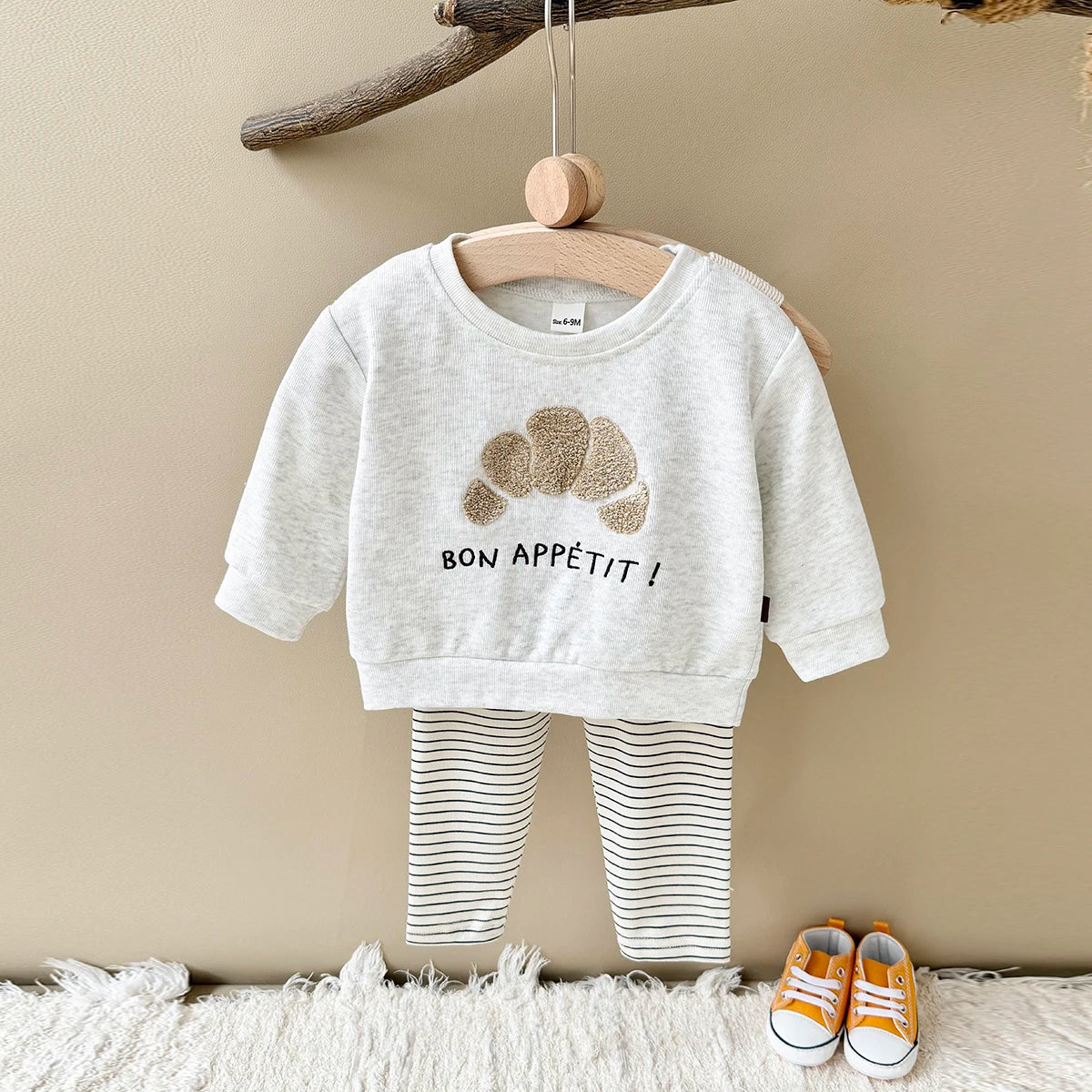 Bon Appétit Croissant Baby Set | French Style Cotton Top & Striped Leggings (6M-3T)