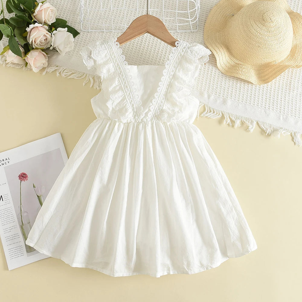 Girls White Lace Ruffle Summer Dress - Soft Cotton Occasion Wear (2T-7)