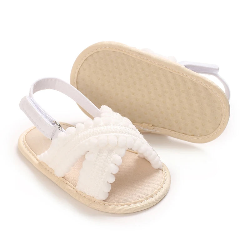 Boho Infant Girls Pom Pom Sandals - Non-Slip Soft Sole First Walker Shoes (0-18M)