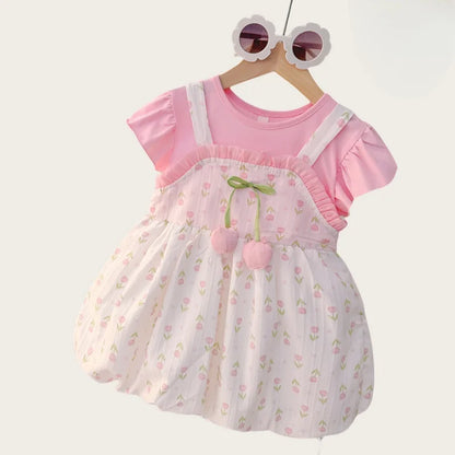 Baby & Toddler Girls Cotton Floral Summer Dress | Mock Two-Piece Ruffled Sun Dress with Decorative Bow (12M-4T)