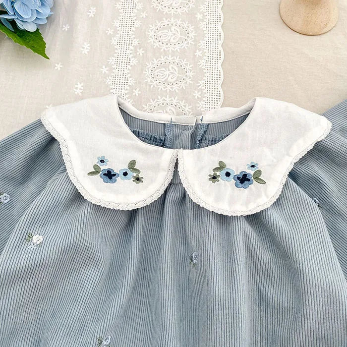 Sister Matching Floral Outfits: Blue Corduroy Embroidered Baby Romper & Girls Princess Dress - Coordinated Sister Boutique Set