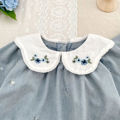 Sister Matching Floral Outfits: Blue Corduroy Embroidered Baby Romper & Girls Princess Dress - Coordinated Sister Boutique Set
