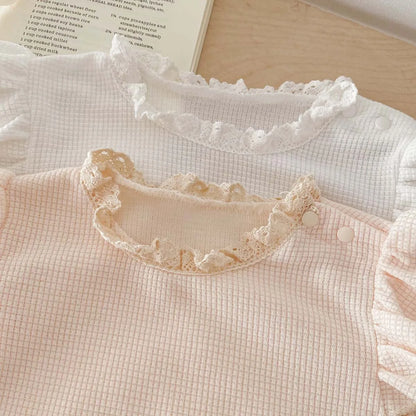 Waffle Knit Baby Girl Romper & Bonnet Set - Ruffle Sleeve Lace Trim Summer Jumpsuit (3-24M)