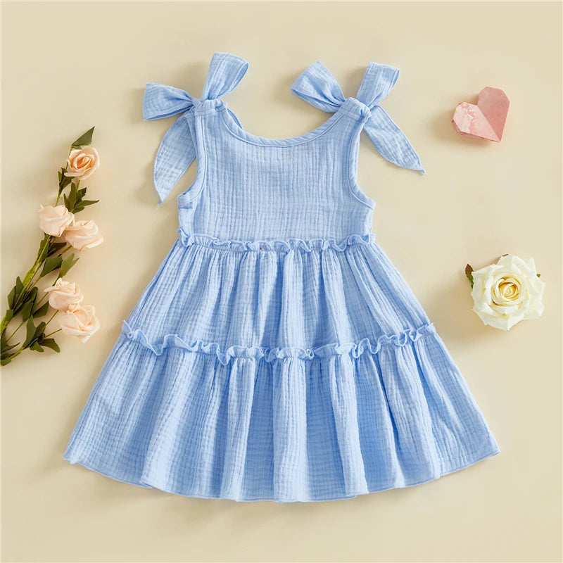 Toddler & Baby Girl Tiered Cotton Summer Dress - Sleeveless Bow Strap Sun Dress (6M-4T)