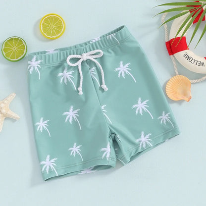 Dinosaur & Palm Tree Swim Trunks | Quick-Dry Board Shorts | Teal & Ivory White | (6M-4T)
