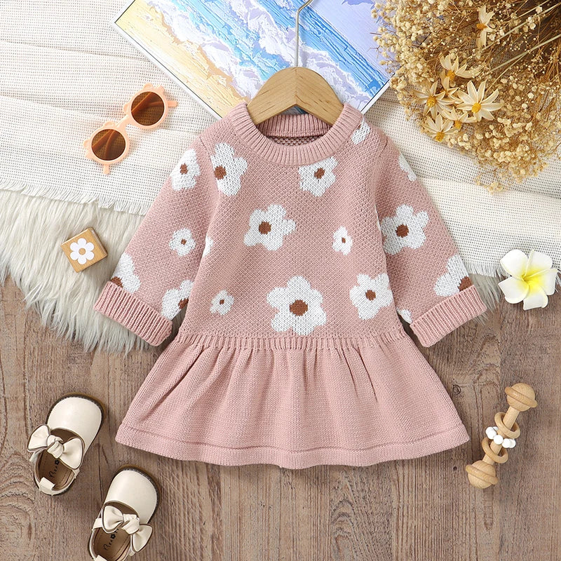 Infant & Toddler Girl Floral Knit Sweater Dress - Long Sleeve Pink Flower A-Line Skirt (6M-3T)