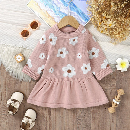 Infant & Toddler Girl Floral Knit Sweater Dress - Long Sleeve Pink Flower A-Line Skirt (6M-3T)