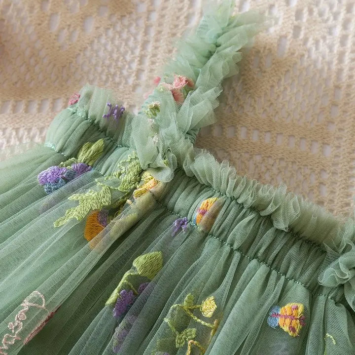 NEW 2026 Baby & Toddler Girls Fairy Floral Embroidered Mesh Tutu Dress - Sage Green Princess Sling Dress (9M-5T)