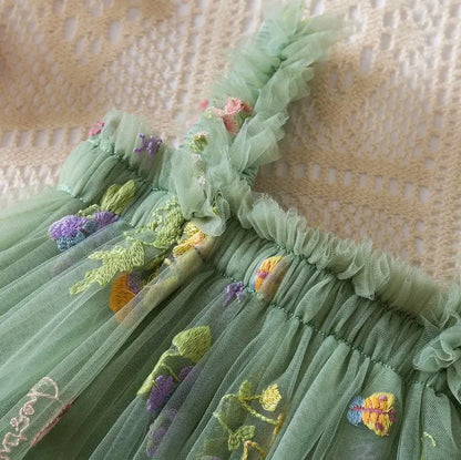 NEW 2026 Baby & Toddler Girls Fairy Floral Embroidered Mesh Tutu Dress - Sage Green Princess Sling Dress (9M-5T)
