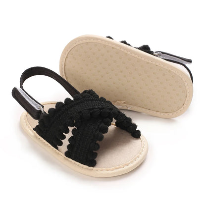 Boho Infant Girls Pom Pom Sandals - Non-Slip Soft Sole First Walker Shoes (0-18M)