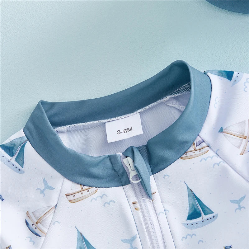 Nautical Sailboat Rash Guard Swimsuit & Sun Hat Set - Long Sleeve Ivory (3M - 5T)