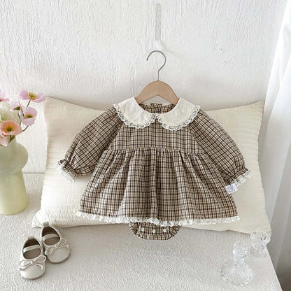 Baby Girl Plaid Long Sleeve Romper Dress - Lace Peter Pan Collar Toddler Outfit