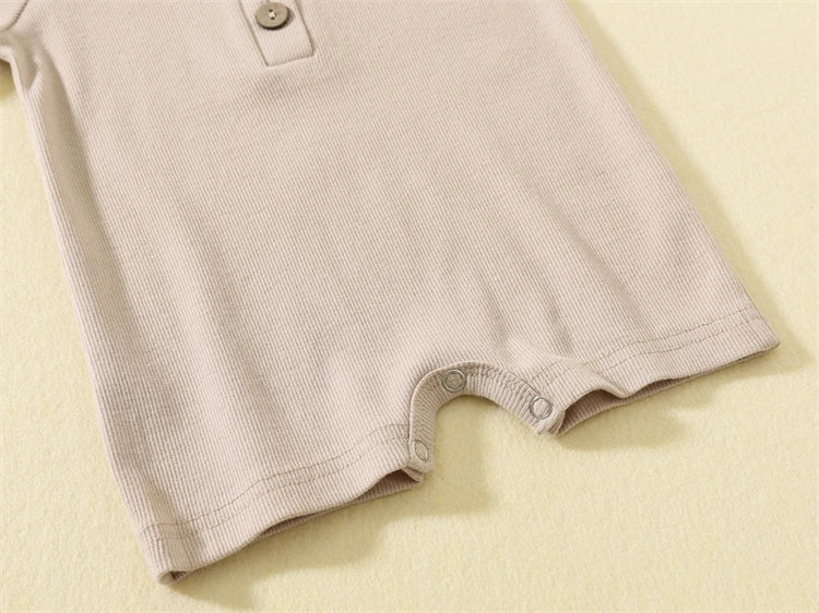 Baby Boy Boutique Ribbed Henley Romper - Knit Cotton Jumpsuit with Natural Wood Buttons (3-24M)