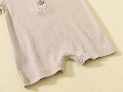 Baby Boy Boutique Ribbed Henley Romper - Knit Cotton Jumpsuit with Natural Wood Buttons (3-24M)