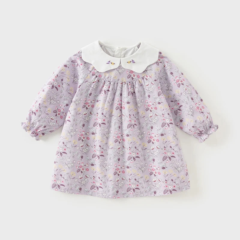Girls Floral Embroidery 100% Cotton Long Sleeve Dress - Peter Pan Collar A-Line (Size 18M-9Y)