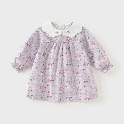 Girls Floral Embroidery 100% Cotton Long Sleeve Dress - Peter Pan Collar A-Line (Size 18M-9Y)