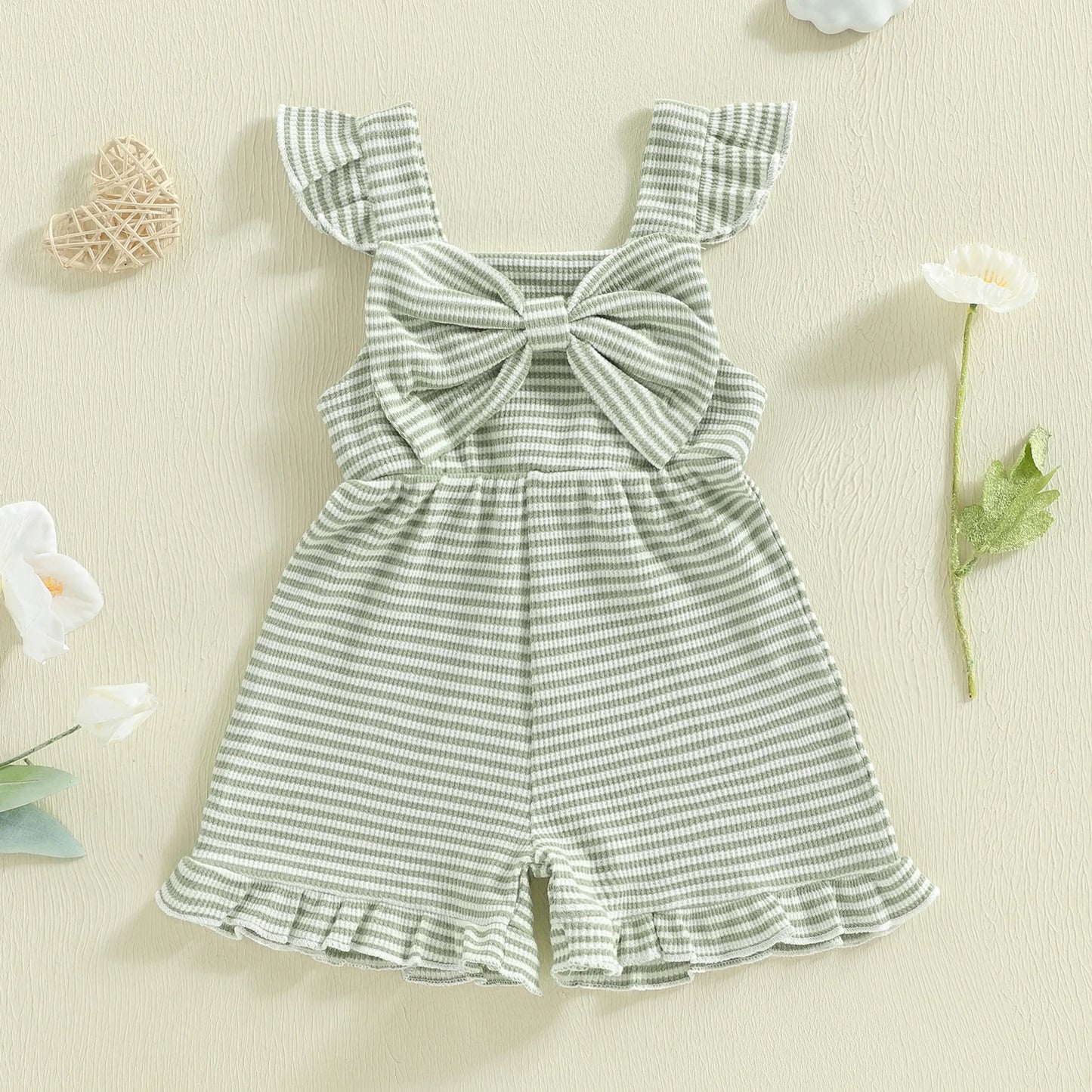Toddler Baby Girls Striped Ruffle Jumpsuit - Cute Sleeveless Bow Romper (12M-5T)