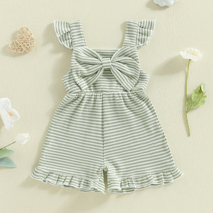 Toddler Baby Girls Striped Ruffle Jumpsuit - Cute Sleeveless Bow Romper (12M-5T)