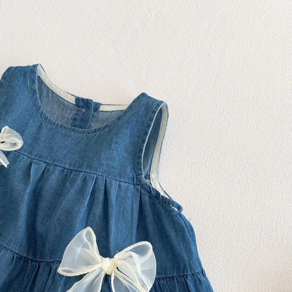 Toddler & Baby Girls Sleeveless Blue Denim Dress - 100% Cotton A-Line Summer Tiered Dress with Bows(6M-5T)
